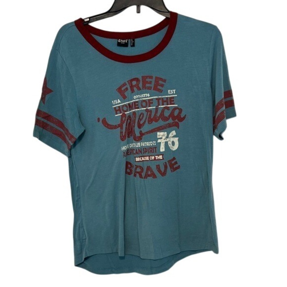 Cruel Denim Blue Tee Shirt American Patriot Home of Free Because of Brave‎ Large